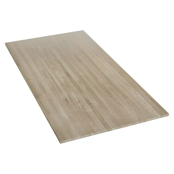 Leimholzplatte - Eiche, Qualitätsstufe Leimholzplatte: A/B, 2.400 x 1.210 x 26 mm - Eine helle, rechteckige Holzplatte mit einer sichtbaren Holzstruktur. Ideal für Möbelbau oder als Arbeitsfläche.