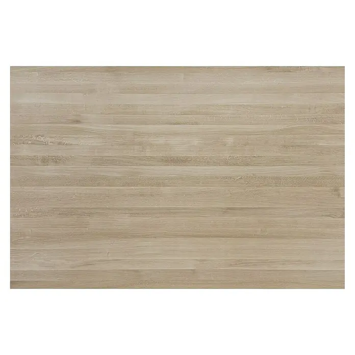 Leimholzplatte - Eiche, Qualitätsstufe Leimholzplatte: A/B, 1.800 x 1.210 x 26 mm - Nahaufnahme einer Tischplatte mit auffälliger Holzmaserung in hellen Tönen, ideal für Möbeldesign und Texturen.