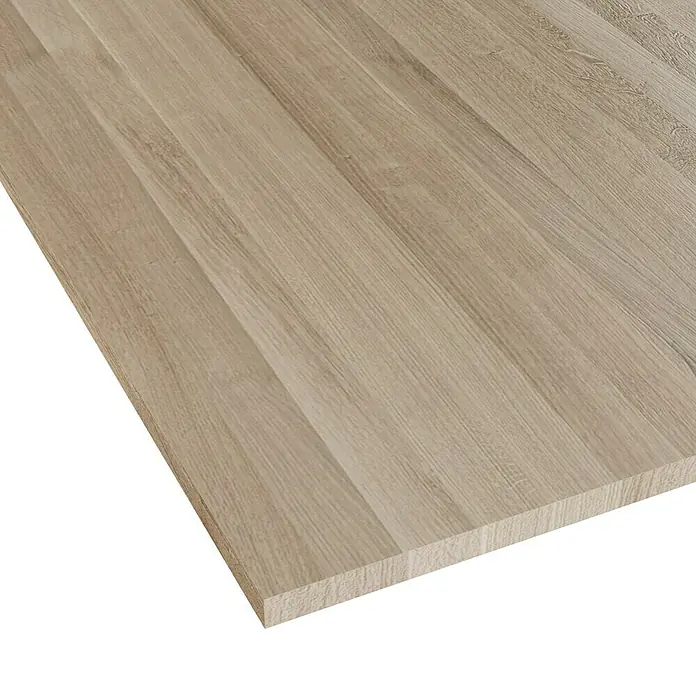 Leimholzplatte - Eiche, Qualitätsstufe Leimholzplatte: A/B, 1.800 x 1.210 x 26 mm - Detailaufnahme einer hellen Holzplatte mit sichtbarer Maserung, ideal für Möbelbau oder Innenausbau.