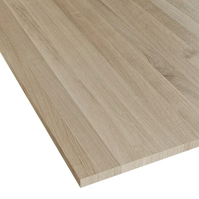 Leimholzplatte - Eiche, Qualitätsstufe Leimholzplatte: A/B, 2.400 x 1.210 x 26 mm - Nahaufnahme einer hellen Holzplatte mit sichtbarer Maserung, ideal für Möbelbau oder Innenausbau.