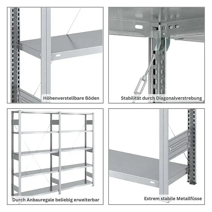 Proregal Metallregal SILVER MAMBA - H x B x T: 200 x 500 x 60 cm, Traglast pro Boden: 150 kg, Anzahl Böden: 5 Stk., Stecken, Verzinkt