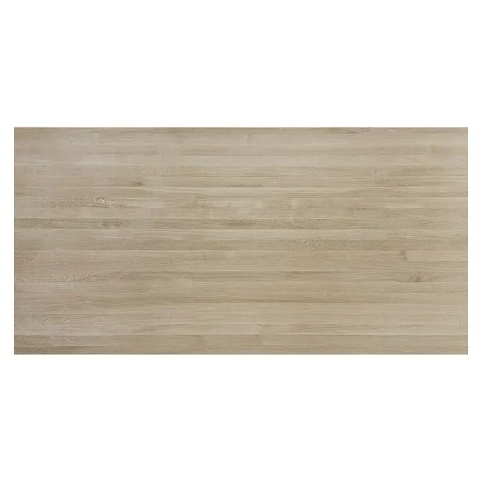 Leimholzplatte - Eiche, Qualitätsstufe Leimholzplatte: A/B, 2.400 x 1.210 x 26 mm - Nahaufnahme einer hellen Holzplatte mit horizontaler Maserung, ideal für Arbeitsplatten oder Möbeloberflächen.