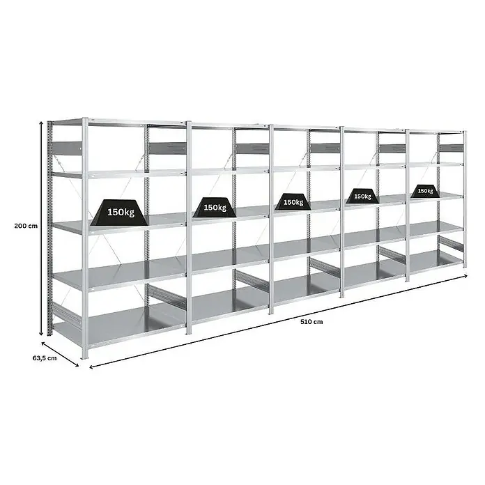 Proregal Metallregal SILVER MAMBA - H x B x T: 200 x 500 x 60 cm, Traglast pro Boden: 150 kg, Anzahl Böden: 5 Stk., Stecken, Verzinkt
