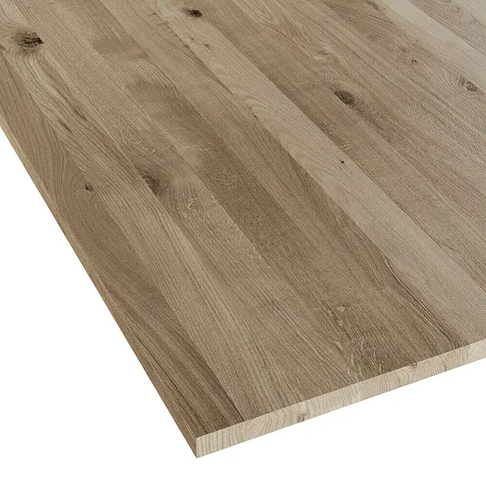Leimholzplatte Wildeiche - Eiche, Qualitätsstufe Leimholzplatte: B/C, 2.400 x 1.210 x 26 mm - Nahaufnahme einer hellbraunen Arbeitsplatte aus Holz mit Maserung.