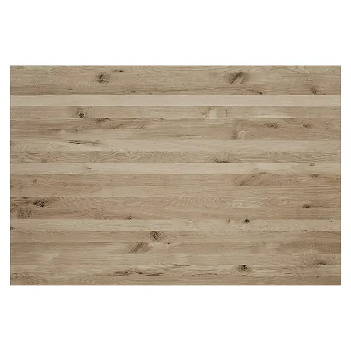 Leimholzplatte Wildeiche - Eiche, Qualitätsstufe Leimholzplatte: B/C, 1.800 x 1.210 x 26 mm - Holz-Arbeitsplatte mit hellbraunen Holztönen und sichtbarer Maserung. Ideal für rustikale Küchen und langlebige Oberflächen.
