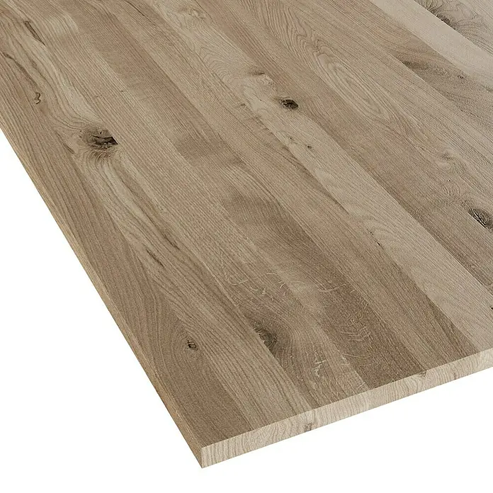 Leimholzplatte Wildeiche - Eiche, Qualitätsstufe Leimholzplatte: B/C, 1.800 x 1.210 x 26 mm - Detailaufnahme einer hellbraunen Holzplatte mit markanter Maserung und Astlöchern, ideal für hochwertige Möbel und Innenausbau.