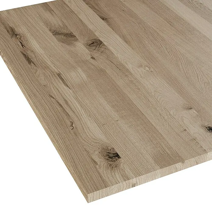 Leimholzplatte Wildeiche - Eiche, Qualitätsstufe Leimholzplatte: B/C, 900 x 1.210 x 26 mm - Nahaufnahme einer hellbraunen Holzplatte mit gut sichtbarer Maserung und Astlöchern. Ideal für Möbelbau oder Innenausbau.
