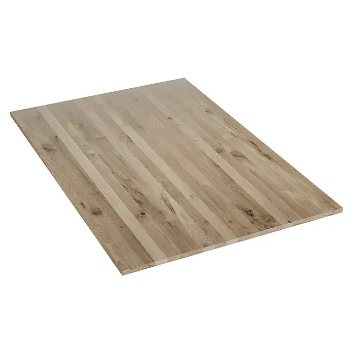 Leimholzplatte Wildeiche - Eiche, Qualitätsstufe Leimholzplatte: B/C, 1.800 x 1.210 x 26 mm - Eine helle Holzarbeitsplatte mit durchgehenden Lamellen. Perfekt für Küche oder Werkstatt, bietet sie eine robuste und stilvolle Oberfläche.