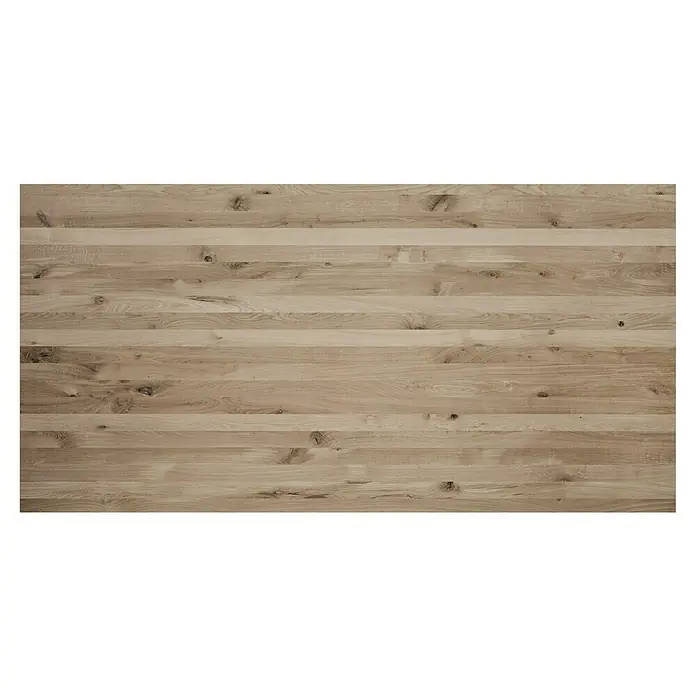 Leimholzplatte Wildeiche - Eiche, Qualitätsstufe Leimholzplatte: B/C, 2.400 x 1.210 x 26 mm - Holzplatte aus hellem, natürlichem Holz mit horizontaler Maserung und Astlöchern, ideal für Möbelbau oder als Arbeitsfläche.
