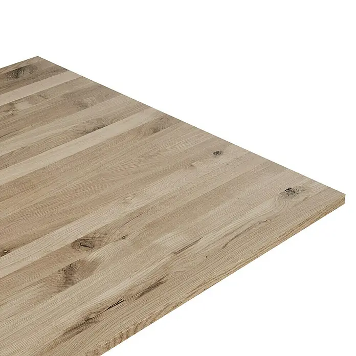 Leimholzplatte Wildeiche - Eiche, Qualitätsstufe Leimholzplatte: B/C, 900 x 1.210 x 26 mm - Ansicht einer hellen Holzplatte mit deutlicher Maserung und warmen Farbtönen, ideal für Möbel oder Innenausbauprojekte.