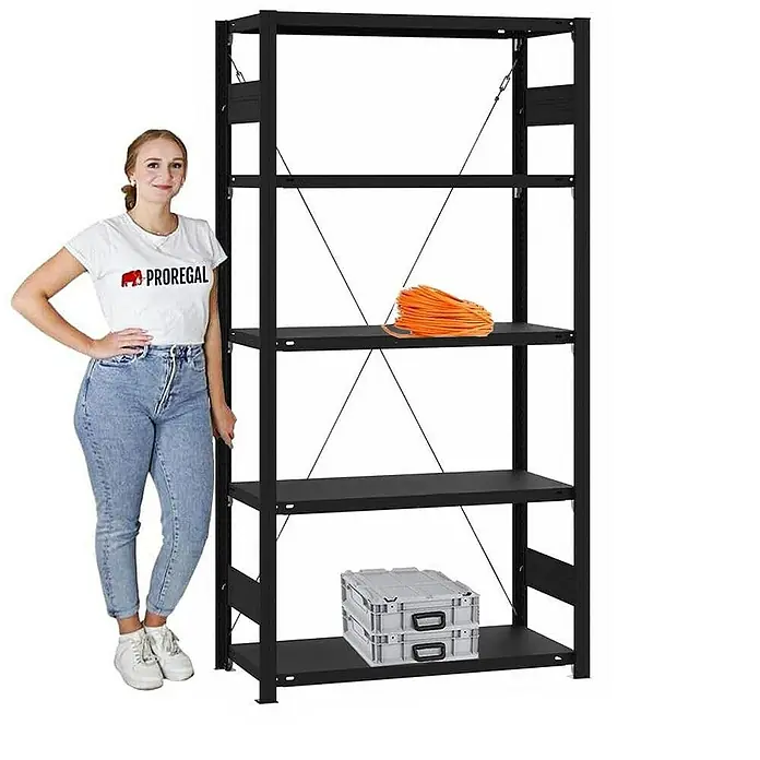 Proregal Metallregal Wohnregal MOTEMO - H x B x T: 200 x 100 x 40 cm, Traglast pro Boden: 150 kg, Anzahl Böden: 5 Stk., Matt-Schwarz