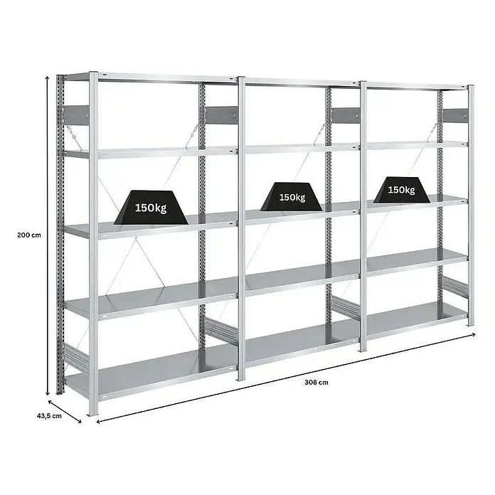 Proregal Metallregal SILVER MAMBA - H x B x T: 200 x 300 x 40 cm, Traglast pro Boden: 150 kg, Anzahl Böden: 5 Stk., Stecken, Verzinkt
