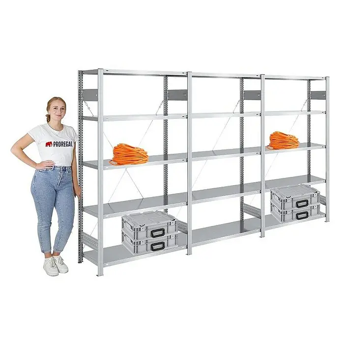Proregal Metallregal SILVER MAMBA - H x B x T: 200 x 300 x 40 cm, Traglast pro Boden: 150 kg, Anzahl Böden: 5 Stk., Stecken, Verzinkt