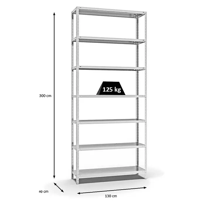 Proregal Metallregal MAGNUS Schraubsystem - H x B x T: 300 x 130 x 40 cm, Traglast pro Boden: 125 kg, Anzahl Böden: 7 Stk., Schrauben, Lichtgrau