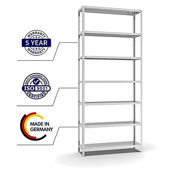 Proregal Metallregal MAGNUS Schraubsystem - H x B x T: 300 x 130 x 40 cm, Traglast pro Boden: 125 kg, Anzahl Böden: 7 Stk., Schrauben, Lichtgrau