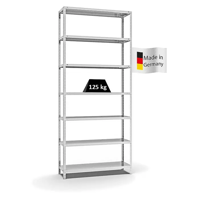 Proregal Metallregal MAGNUS Schraubsystem - H x B x T: 300 x 130 x 40 cm, Traglast pro Boden: 125 kg, Anzahl Böden: 7 Stk., Schrauben, Lichtgrau