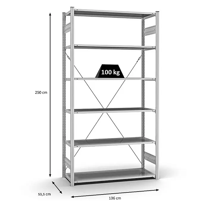 Proregal Metallregal MAGNUS Stecksystem - H x B x T: 250 x 130 x 50 cm, Traglast pro Boden: 100 kg, Anzahl Böden: 6 Stk., Stecken, Verzinkt