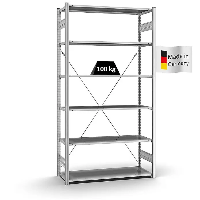 Proregal Metallregal MAGNUS Stecksystem - H x B x T: 250 x 130 x 50 cm, Traglast pro Boden: 100 kg, Anzahl Böden: 6 Stk., Stecken, Verzinkt