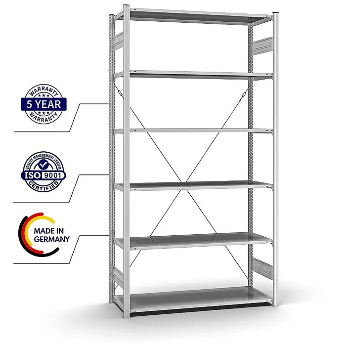 Proregal Metallregal MAGNUS Stecksystem - H x B x T: 250 x 130 x 50 cm, Traglast pro Boden: 100 kg, Anzahl Böden: 6 Stk., Stecken, Verzinkt