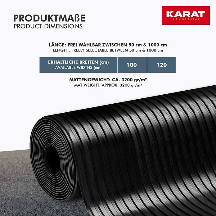 Floordirekt Läufer Breit gerippt - 200 x 120 x 0,3 cm, Schwarz - Produktmaße einer schwarzen Gummimatte: Länge zwischen 50-1000 cm wählbar, Breiten 100/120 cm, Gewicht ca. 3200 gr/m².