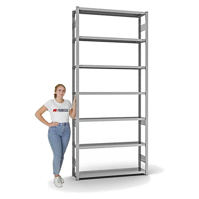 Proregal Metallregal MAGNUS Stecksystem - H x B x T: 300 x 130 x 30 cm, Traglast pro Boden: 175 kg, Anzahl Böden: 7 Stk., Stecken, Verzinkt