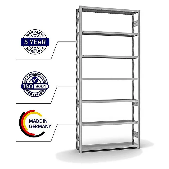 Proregal Metallregal MAGNUS Stecksystem - H x B x T: 300 x 130 x 30 cm, Traglast pro Boden: 175 kg, Anzahl Böden: 7 Stk., Stecken, Verzinkt