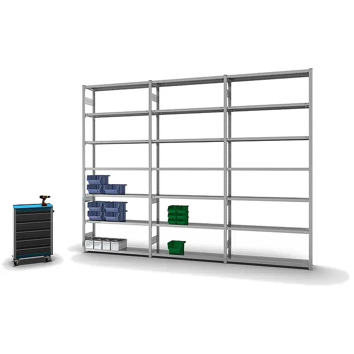 Proregal Metallregal MAGNUS Stecksystem - H x B x T: 300 x 130 x 30 cm, Traglast pro Boden: 175 kg, Anzahl Böden: 7 Stk., Stecken, Verzinkt