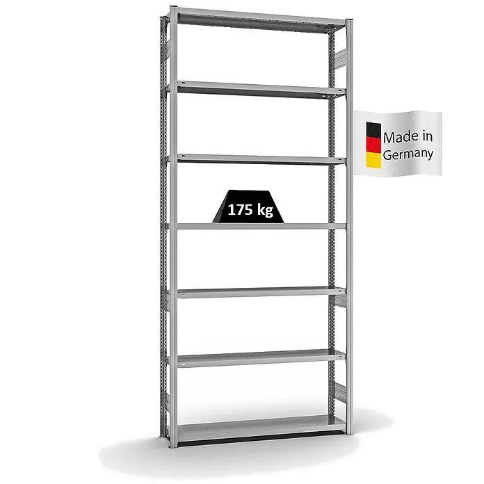 Proregal Metallregal MAGNUS Stecksystem - H x B x T: 300 x 130 x 30 cm, Traglast pro Boden: 175 kg, Anzahl Böden: 7 Stk., Stecken, Verzinkt