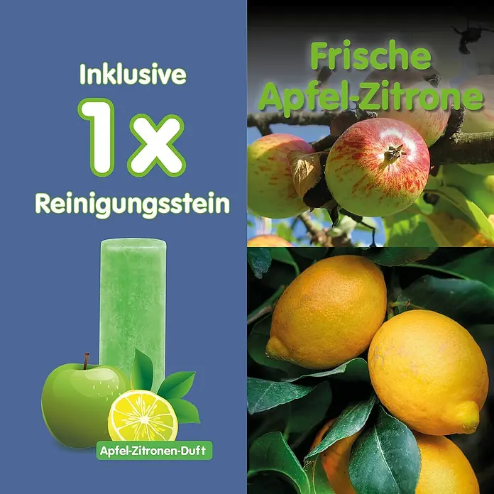 Ablaufventil - Durchmesser: 60 mm, Weiß/Chrom, Bad - Produktbild mit Apfel-Zitrone Duft Reinigungsstein. Inklusive 1x Reinigungsstein für ein frisches und sauberes Zuhause.