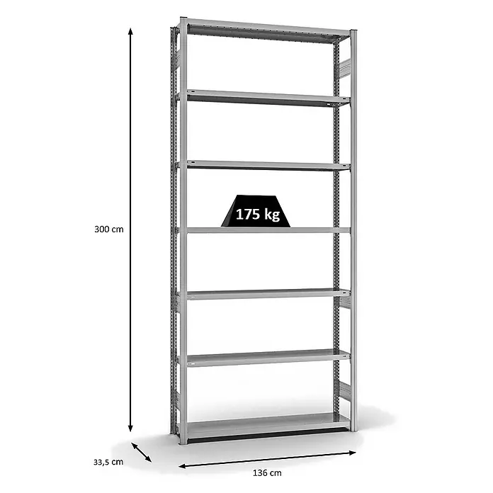 Proregal Metallregal MAGNUS Stecksystem - H x B x T: 300 x 130 x 30 cm, Traglast pro Boden: 175 kg, Anzahl Böden: 7 Stk., Stecken, Verzinkt