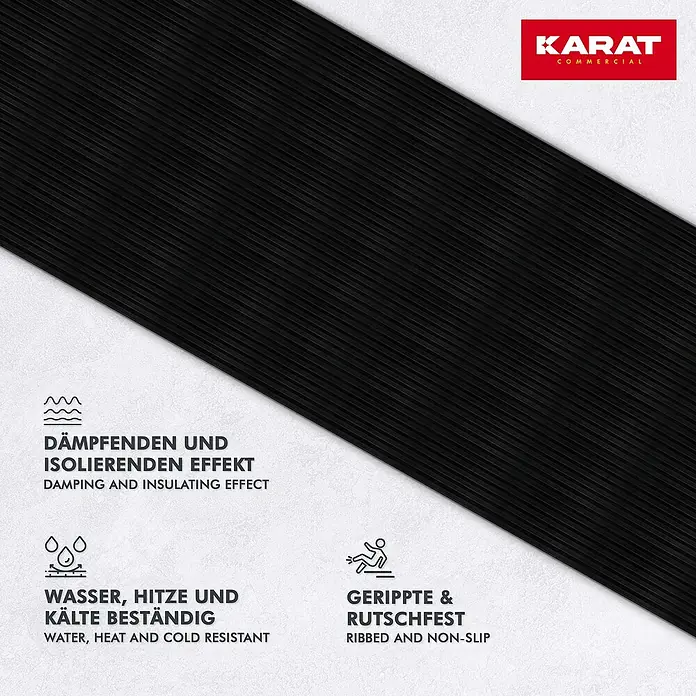 Floordirekt Läufer Breit gerippt - 200 x 120 x 0,3 cm, Schwarz - Produktbild einer schwarzen, gerippten KARAT Commercial Bodenmatte mit dämpfenden, isolierenden und rutschfesten Eigenschaften.