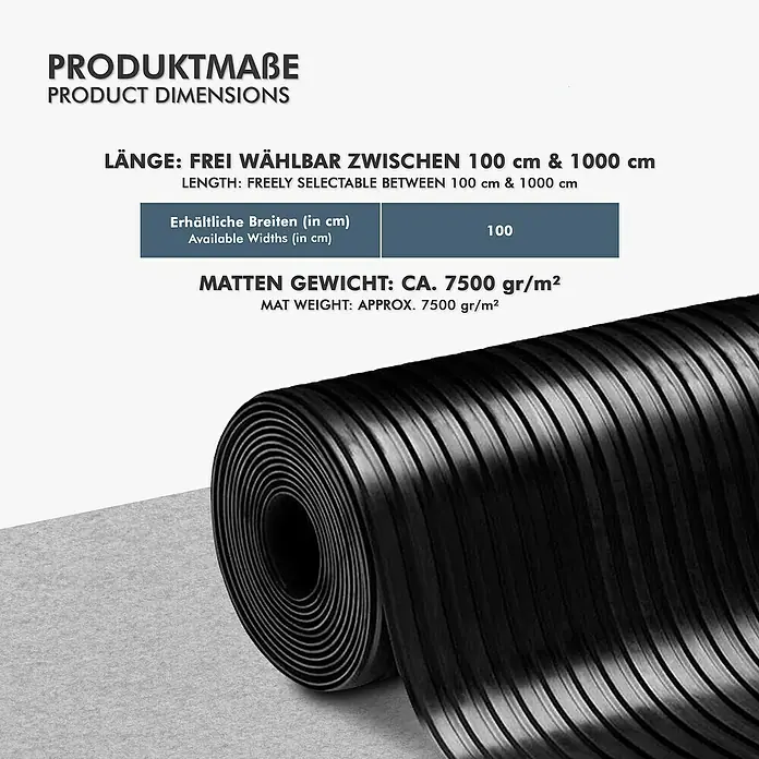 Floordirekt Läufer Breit gerippt - 350 x 100 x 0,6 cm, Schwarz - Produktabmessungen: Länge frei wählbar zwischen 100 cm und 1000 cm, Breite 100 cm, Mattengewicht ca. 7500 gr/m².