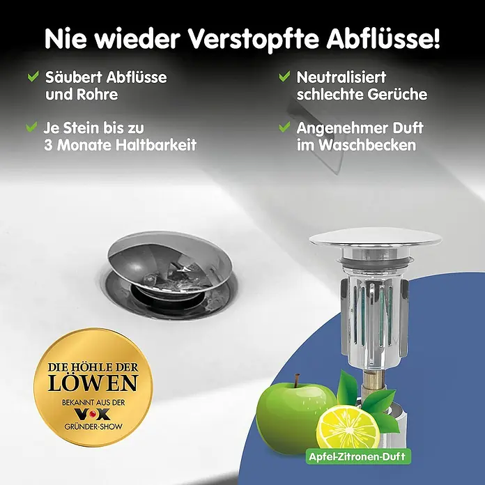 Ablaufventil - Durchmesser: 60 mm, Weiß/Chrom, Bad - Bild eines Abflussreinigers, der verstopfte Abflüsse verhindert, mit Apfel-Zitronen-Duft. Das Produkt reinigt und neutralisiert Gerüche effektiv.