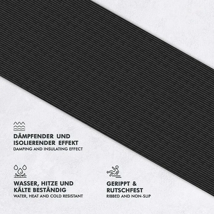 Floordirekt Läufer Breit gerippt - 350 x 100 x 0,6 cm, Schwarz - Das Bild zeigt eine rutschfeste, gerippte Matte, die wasser-, hitze- und kältebeständig ist und einen dämpfenden und isolierenden Effekt hat.