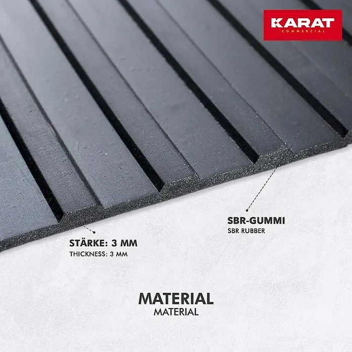 Floordirekt Läufer Breit gerippt - 200 x 120 x 0,3 cm, Schwarz - Detailaufnahme einer schwarzen KARAT Gummimatte mit Rillen, Material SBR-Gummi, Stärke 3 mm.