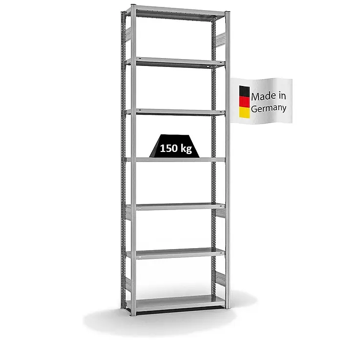 Proregal Metallregal MAGNUS Stecksystem - H x B x T: 300 x 100 x 30 cm, Traglast pro Boden: 150 kg, Anzahl Böden: 7 Stk., Stecken, Verzinkt