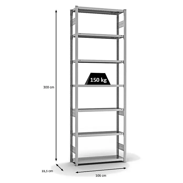 Proregal Metallregal MAGNUS Stecksystem - H x B x T: 300 x 100 x 30 cm, Traglast pro Boden: 150 kg, Anzahl Böden: 7 Stk., Stecken, Verzinkt