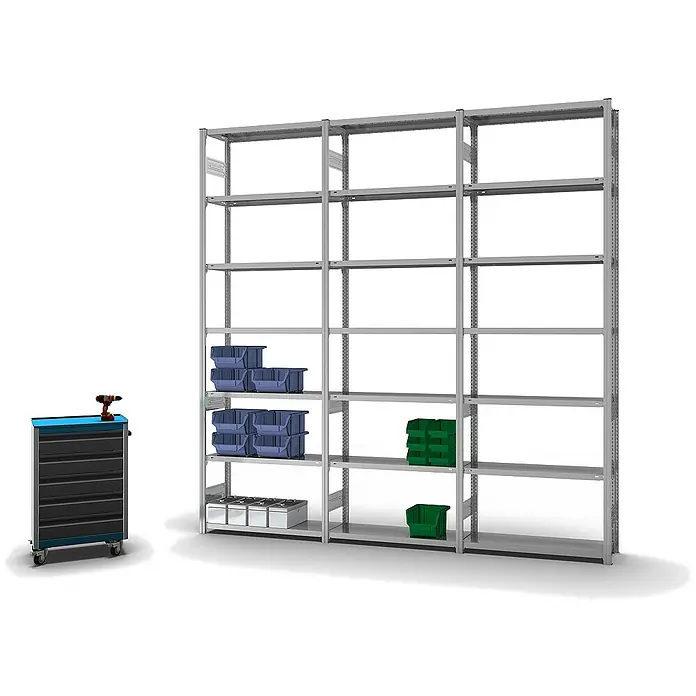 Proregal Metallregal MAGNUS Stecksystem - H x B x T: 300 x 100 x 30 cm, Traglast pro Boden: 150 kg, Anzahl Böden: 7 Stk., Stecken, Verzinkt