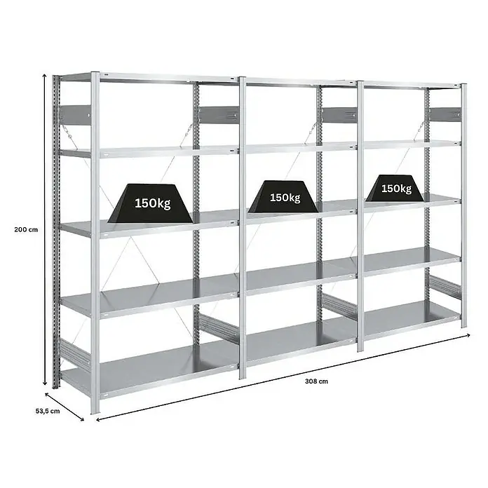 Proregal Metallregal SILVER MAMBA - H x B x T: 200 x 300 x 50 cm, Traglast pro Boden: 150 kg, Anzahl Böden: 5 Stk., Stecken, Verzinkt