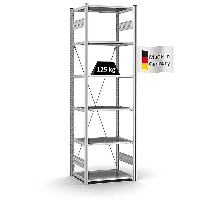 Proregal Metallregal MAGNUS Stecksystem - H x B x T: 250 x 75 x 50 cm, Traglast pro Boden: 125 kg, Anzahl Böden: 6 Stk., Stecken, Verzinkt