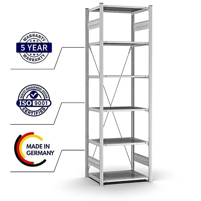 Proregal Metallregal MAGNUS Stecksystem - H x B x T: 250 x 75 x 50 cm, Traglast pro Boden: 125 kg, Anzahl Böden: 6 Stk., Stecken, Verzinkt