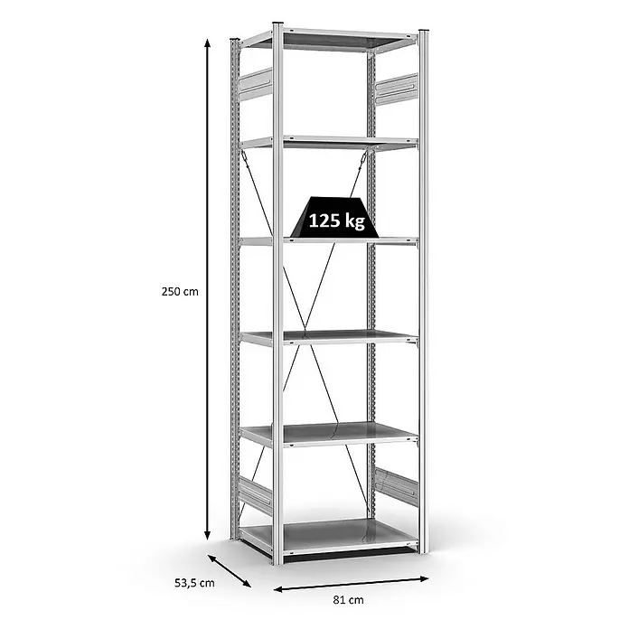 Proregal Metallregal MAGNUS Stecksystem - H x B x T: 250 x 75 x 50 cm, Traglast pro Boden: 125 kg, Anzahl Böden: 6 Stk., Stecken, Verzinkt