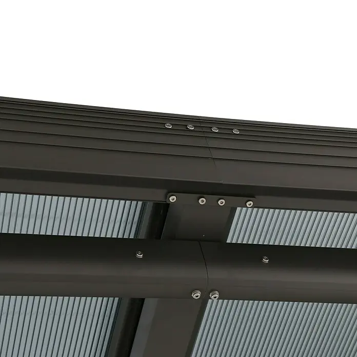 Sunfun Anstellpavillon Sera CabrioB x T: 400 x 300 cm, Farbe Gestell: Anthrazit, Aluminium - Nahaufnahme des Metalldachs, das mit Schrauben befestigt ist und eine robuste und langlebige Konstruktion aufweist.