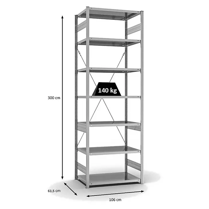 Proregal Metallregal MAGNUS Stecksystem - H x B x T: 300 x 100 x 60 cm, Traglast pro Boden: 140 kg, Anzahl Böden: 7 Stk., Stecken, Verzinkt