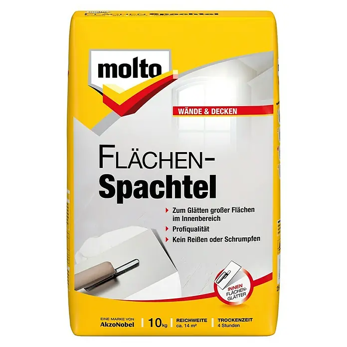 Molto Flächenspachtel - 10 kg - Produktabbildung: Sack Molto Flächenspachtel, ideal zum Glätten großer Flächen im Innenbereich und für professionelle Ergebnisse.