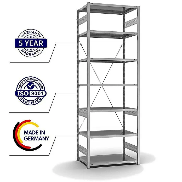 Proregal Metallregal MAGNUS Stecksystem - H x B x T: 300 x 100 x 60 cm, Traglast pro Boden: 140 kg, Anzahl Böden: 7 Stk., Stecken, Verzinkt