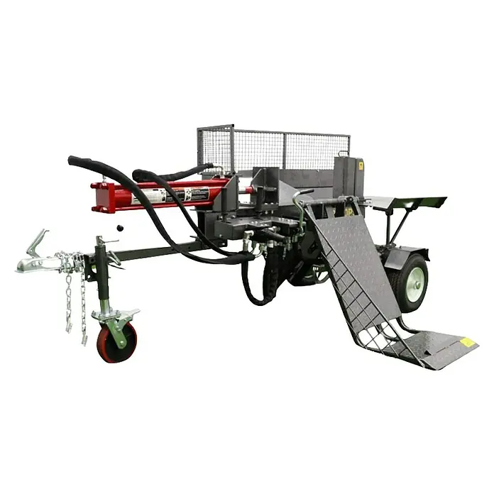 HZC Power Holzspalter HS30999 - Motorleistung: 6,5 PS, 30 kg, Max. Spaltgutlänge: 570 mm - Nahaufnahme eines robusten Holzspalters mit rotem Zylinder, Anhängerkupplung und Gitterstruktur für den sicheren Holzumschlag.