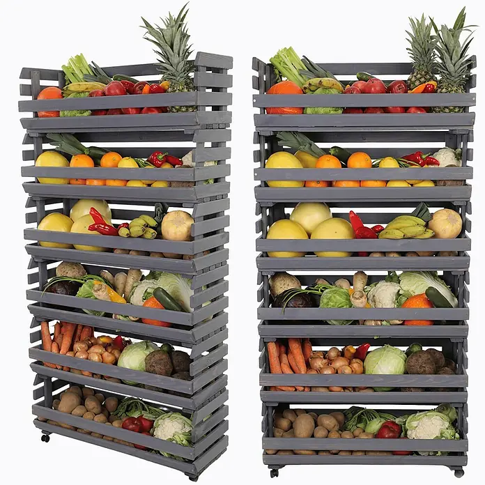 Proregal Holzregal Gemüseregal VeggieRoll mit Rollen - Anzahl Böden: 6 Stk., Schrauben, Grau