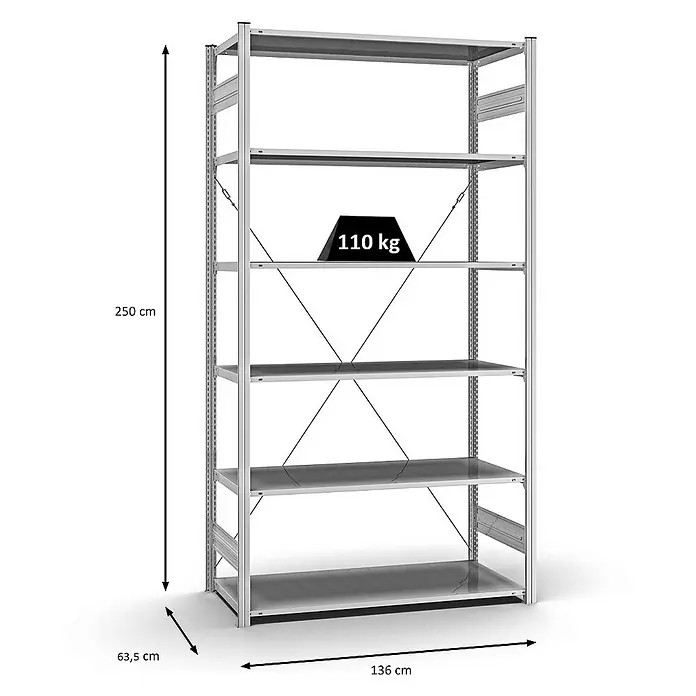 Proregal Metallregal MAGNUS Stecksystem - H x B x T: 250 x 130 x 60 cm, Traglast pro Boden: 110 kg, Anzahl Böden: 6 Stk., Stecken, Verzinkt