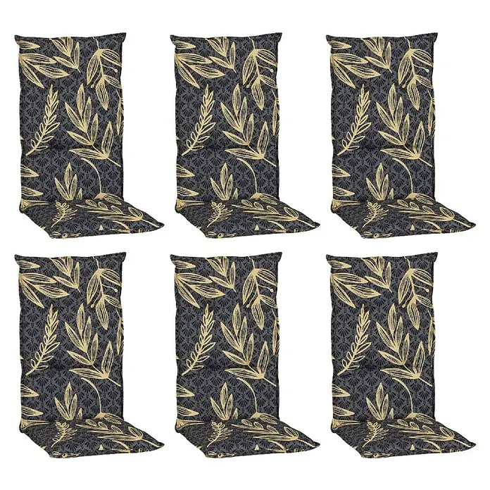 beo Gartenmöbel-Auflage Bonn - Hochlehner, 6 Stk., L x B x H: 118 x 50 x 6 cm, Schwarz/Gelb - Sechs floral gemusterte Verdunkelungsvorhänge mit goldenen Blättern auf dunklem Grund, ideal für Schlaf- und Wohnzimmer.
